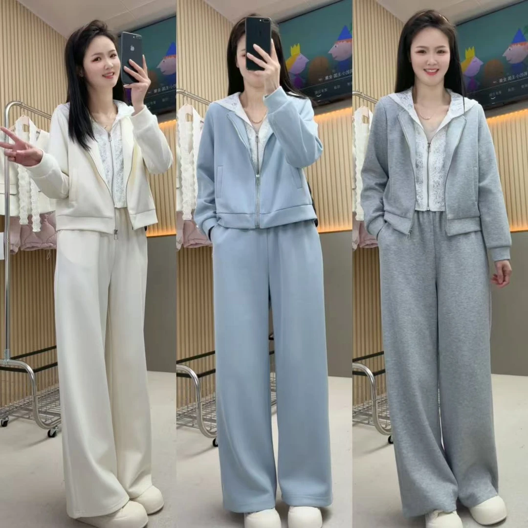欧洲站2025春季新款拼接蕾丝假两件连帽外套休闲运动套装女两件套