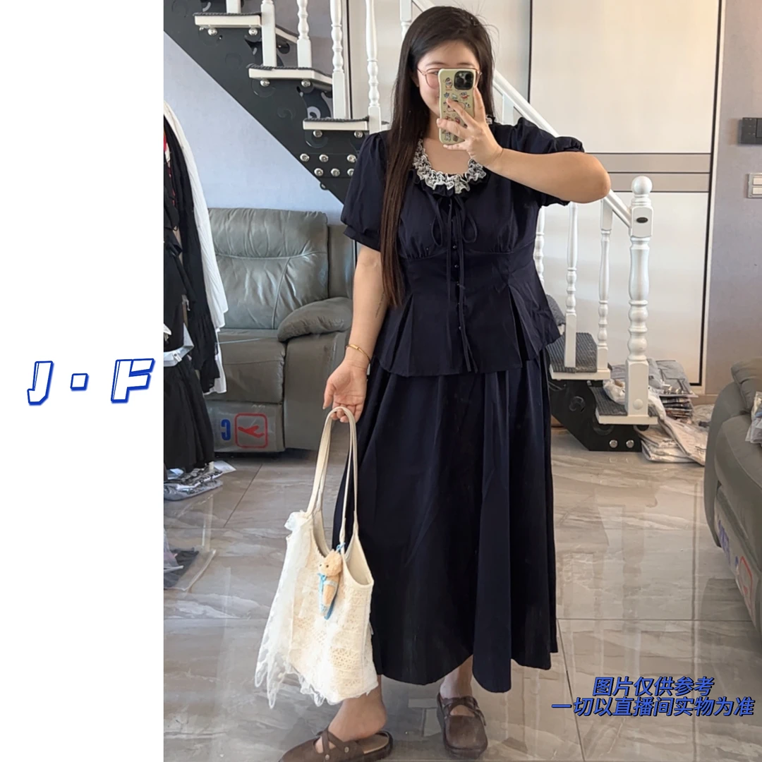 JF定制大码6396港风复古高级感藏蓝色花边拼接收腰上衣半身裙套装