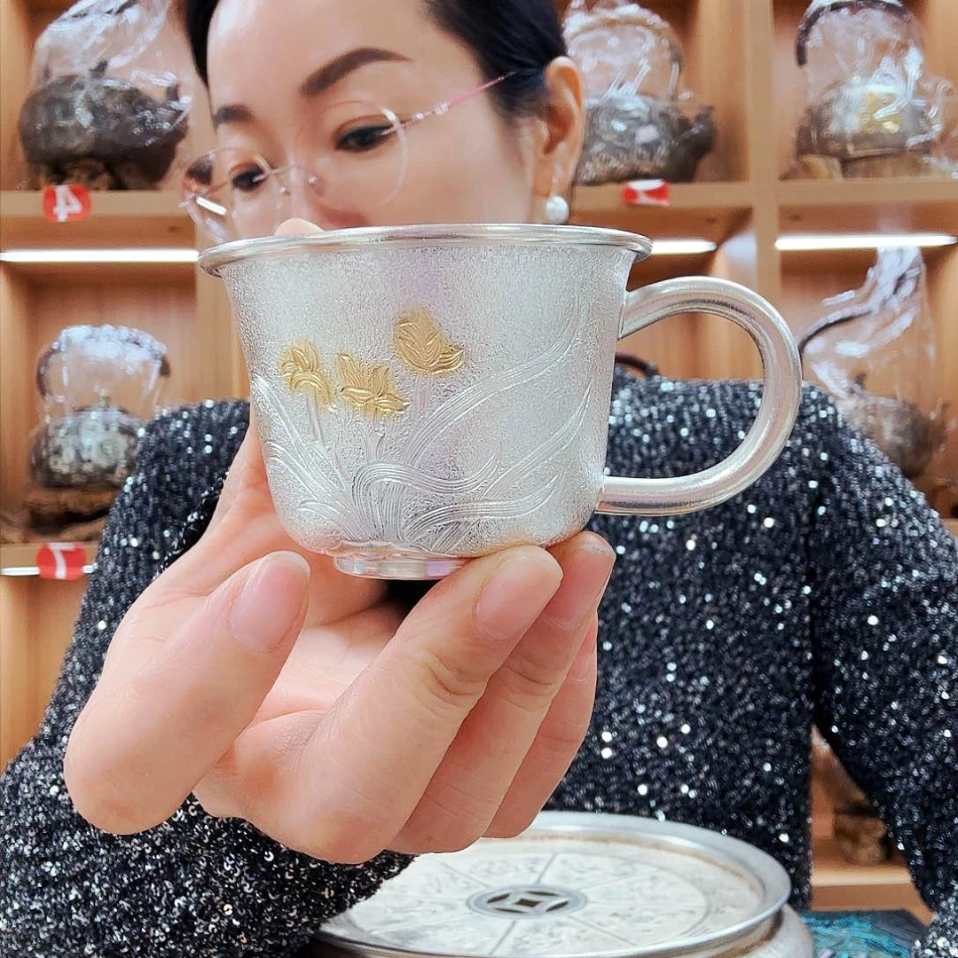 盖碗银杯子一个足银999