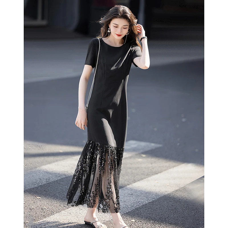 dme德·玛纳柔滑80D乱麻夏季蕾丝亮片拼接收腰女鱼尾女连衣裙