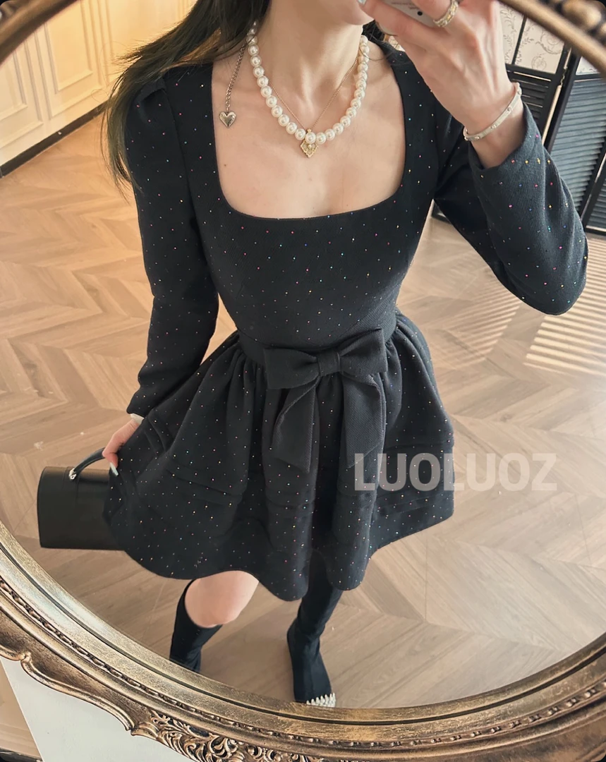 LUOLUOZ【月华流裳】高级感气质蝴蝶结设计时尚短款连衣裙JF605