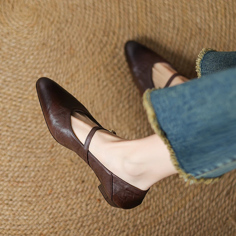 超软小牛皮/2公分 圆尖头粗跟平底真皮单鞋女 舒适显瘦玛丽珍鞋