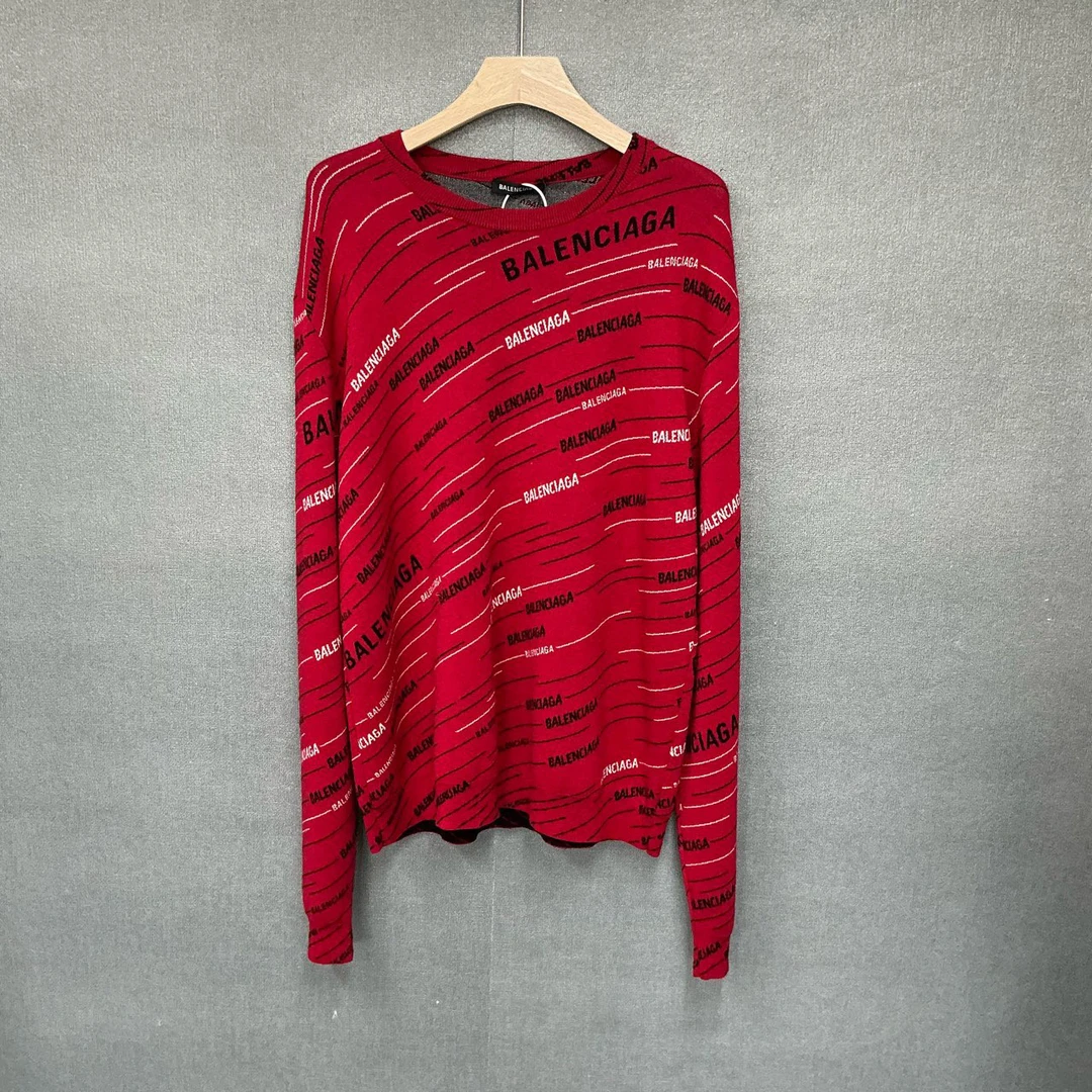 95新 Balenciaga/巴黎世家 满印弹幕95%羊毛红色毛衣L码