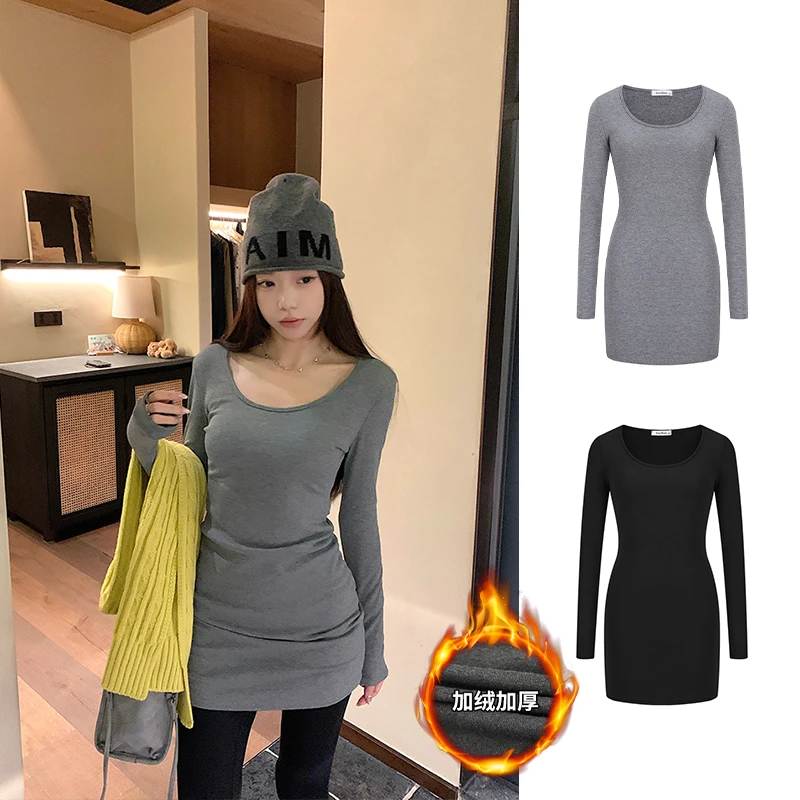 Moses Queen/魔西女王加绒加厚长袖打底连衣裙收腰显身材包臀裙