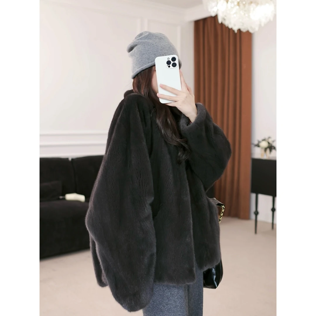 【婷婷】天鹅绒级别水貂整貂海宁皮草v领外套阔版秋冬气质大衣女