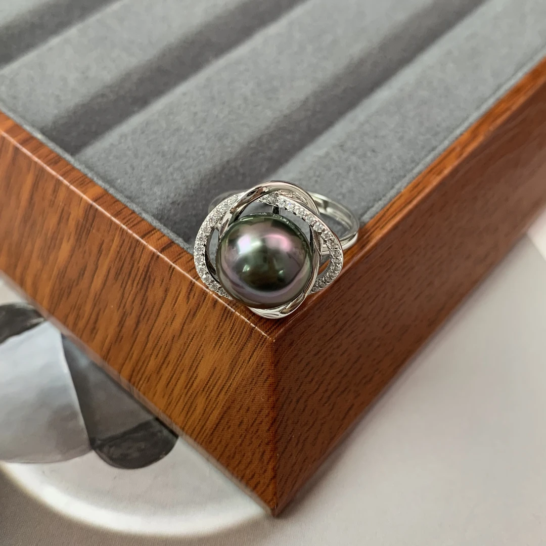 天然海水珍珠 大溪地珍珠戒指 10-11mm s925银珍珠戒指
