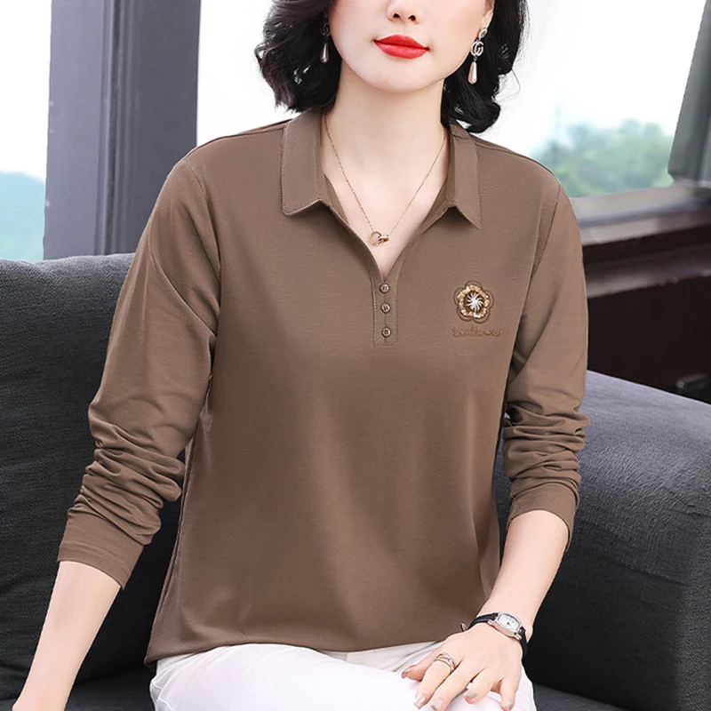妈妈翻领长袖t恤女春秋装POLO小衫洋气上衣中老年纯棉内搭打底衫
