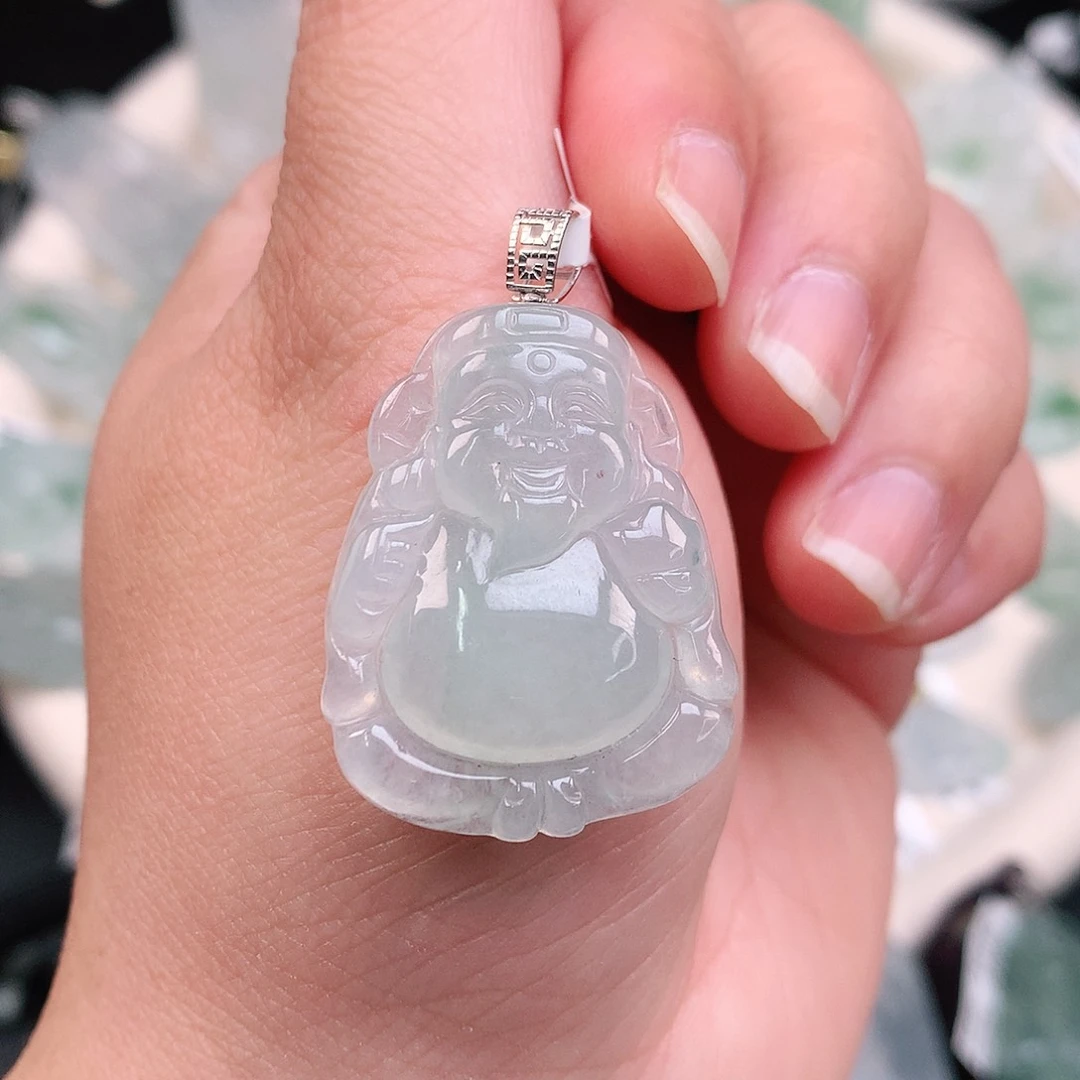 翡翠颈饰18K金镶嵌晴财神爷