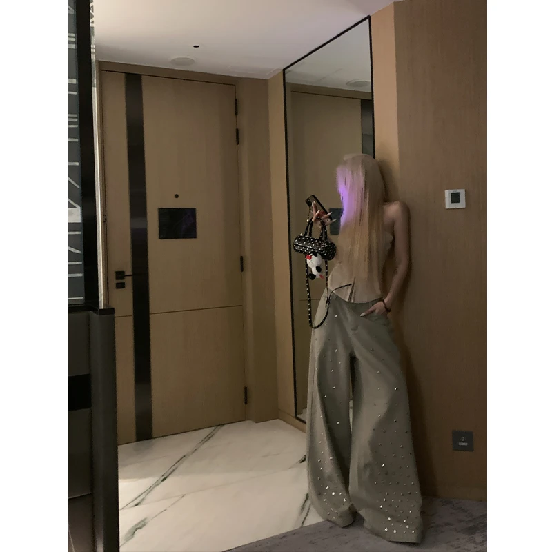 【莫欣欣】美式高街辣妹小众烫钻个性牛仔裤子女款宽松阔腿裤240811