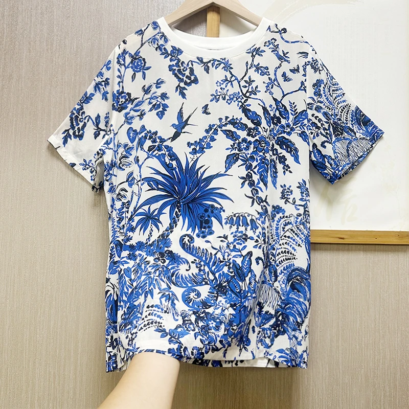 100桑蚕丝双绉短袖女T恤圆领宽松透气时尚真丝上衣