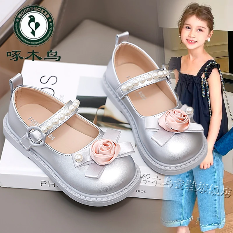啄木鸟女童小皮鞋2025新款春季儿童时尚洋气公主鞋女孩蝴蝶结小童