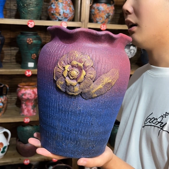 红陶浮雕花盆炸炸炸