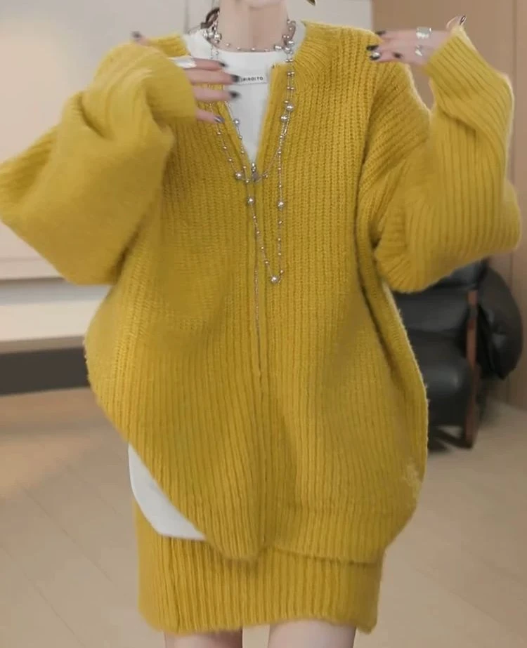 设计感秋冬显瘦针织衫毛衣开衫双口袋半裙套装女慵懒风软糯两件套