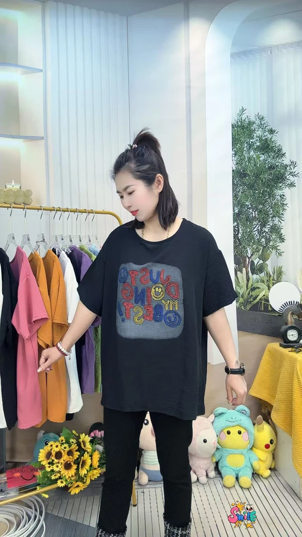 （娜娜）夏季新款字母设计冰丝皱大版时尚宽松百搭圆领半袖休闲