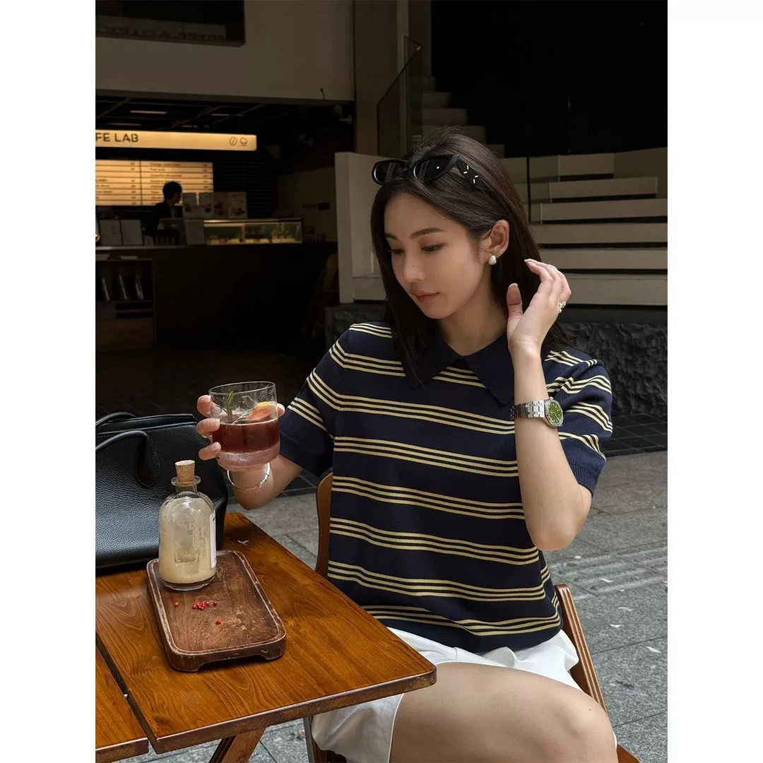 天丝莱赛尔条纹POLO衫短袖显瘦百搭针织衫-A397