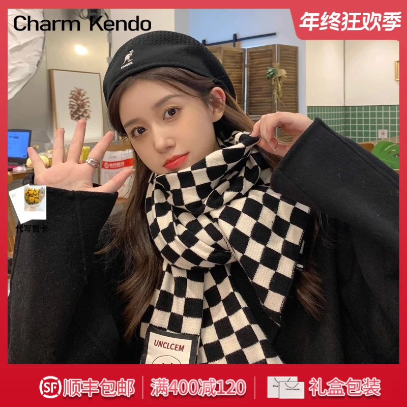 Charm Kendo围巾冬季2025新款格子韩系百搭学生毛线针织保暖围脖