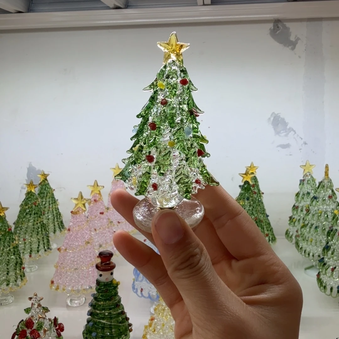 琉璃手工艺品旋转绿色圣诞树9cm左右
