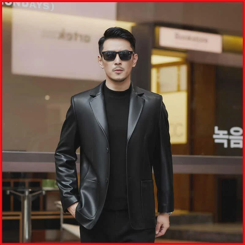 皮尔卡丹海宁真皮皮衣男西装领外套修身头层绵羊皮夹克中年西服潮