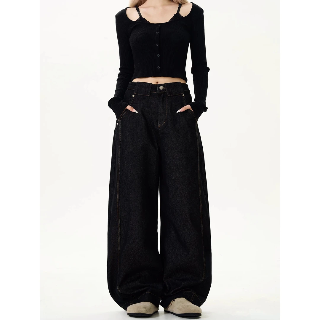 美式复古黑色弯刀牛仔裤女夏季新款小众设计感宽松直筒阔腿裤子潮