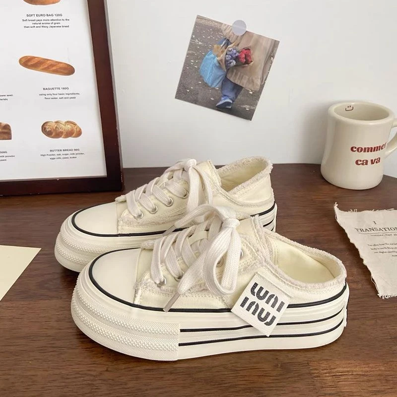 可踩后跟女鞋两穿厚底百搭一脚蹬2025新款小众设计增高休闲帆布鞋