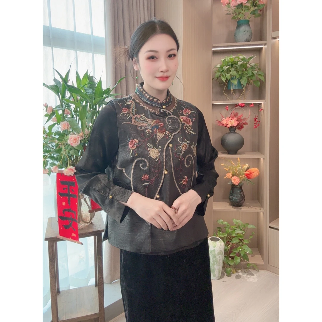 【晚凤】2025新款春季马甲新中式复古国风立领绣花气质上衣马夹女款