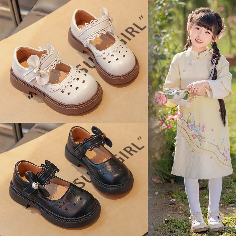 女童皮鞋儿童公主鞋2025新款春秋蝴蝶结女孩乐福鞋白色软底小皮鞋