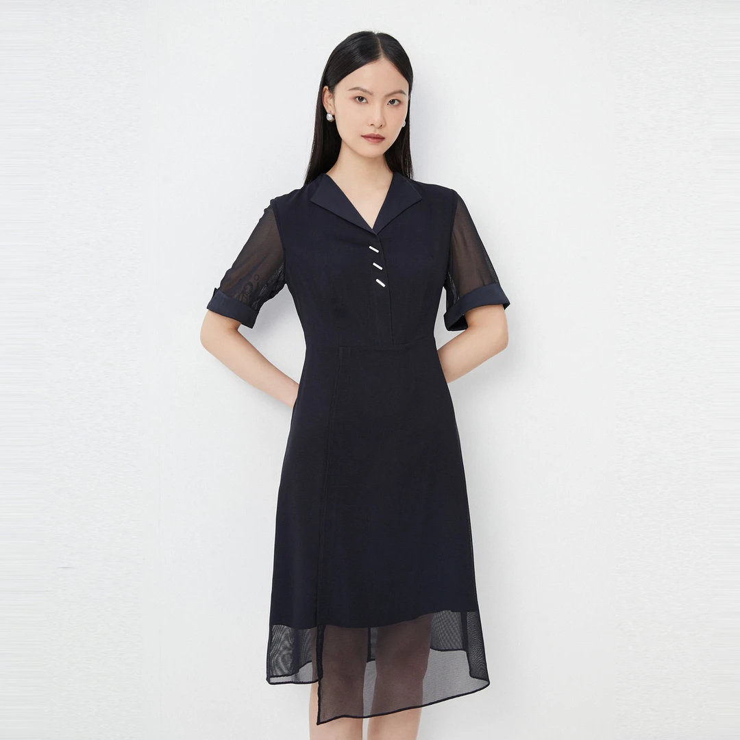 【安雅专属】【优雅气质风】醋酸连衣裙短袖不规则网纱裙女