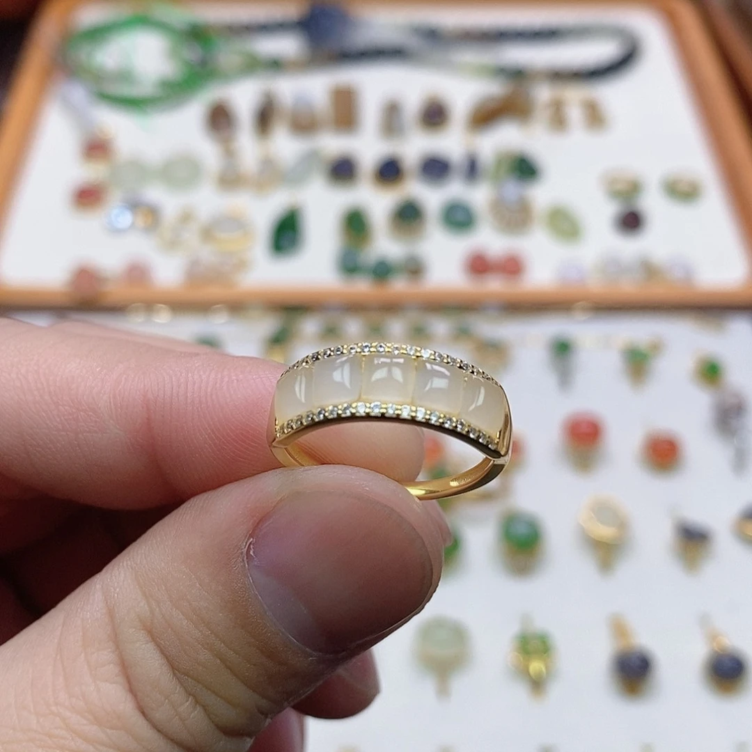 和田玉戒指银S925镀金镶嵌女*