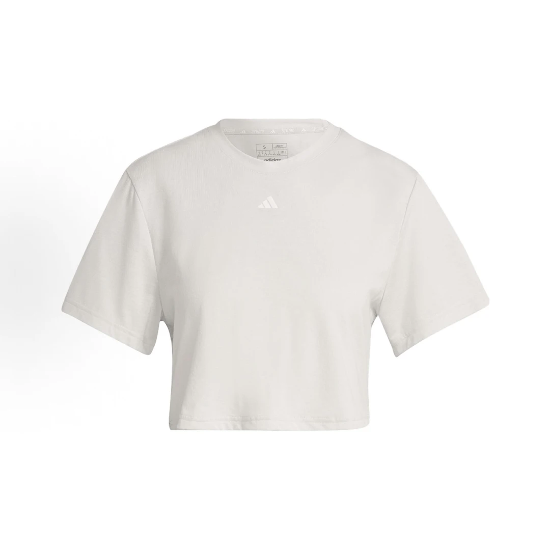 adidas 纯色速干瑜伽运动健身圆领短袖落肩袖T恤女款IB8565