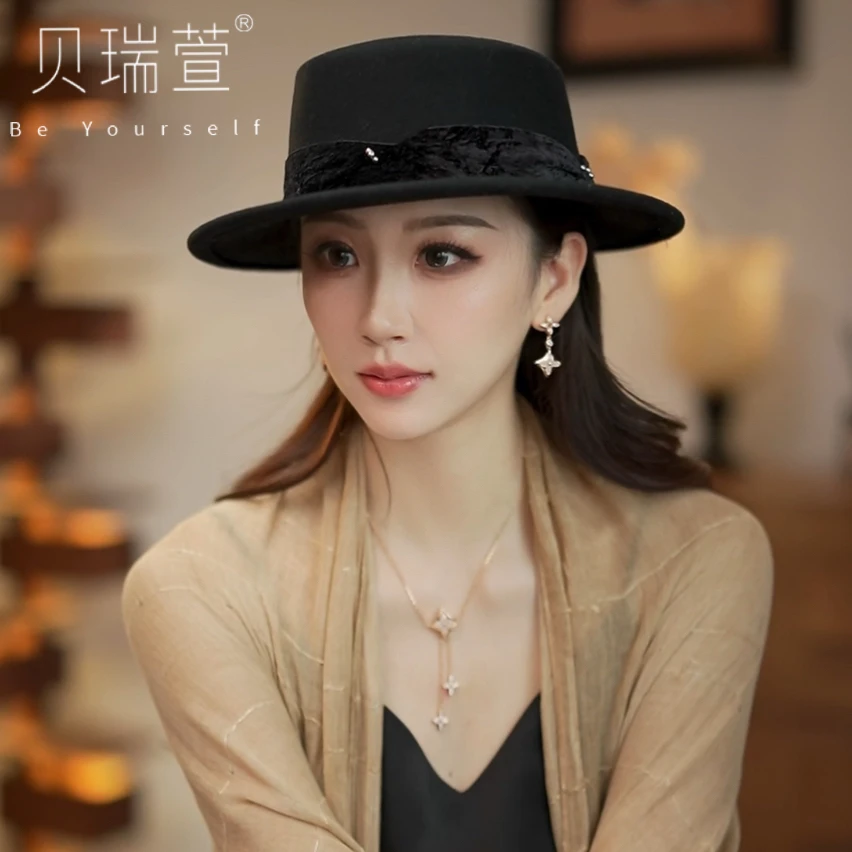 秋冬时尚法式显脸小羊毛平顶帽礼帽女士帽子MZ566