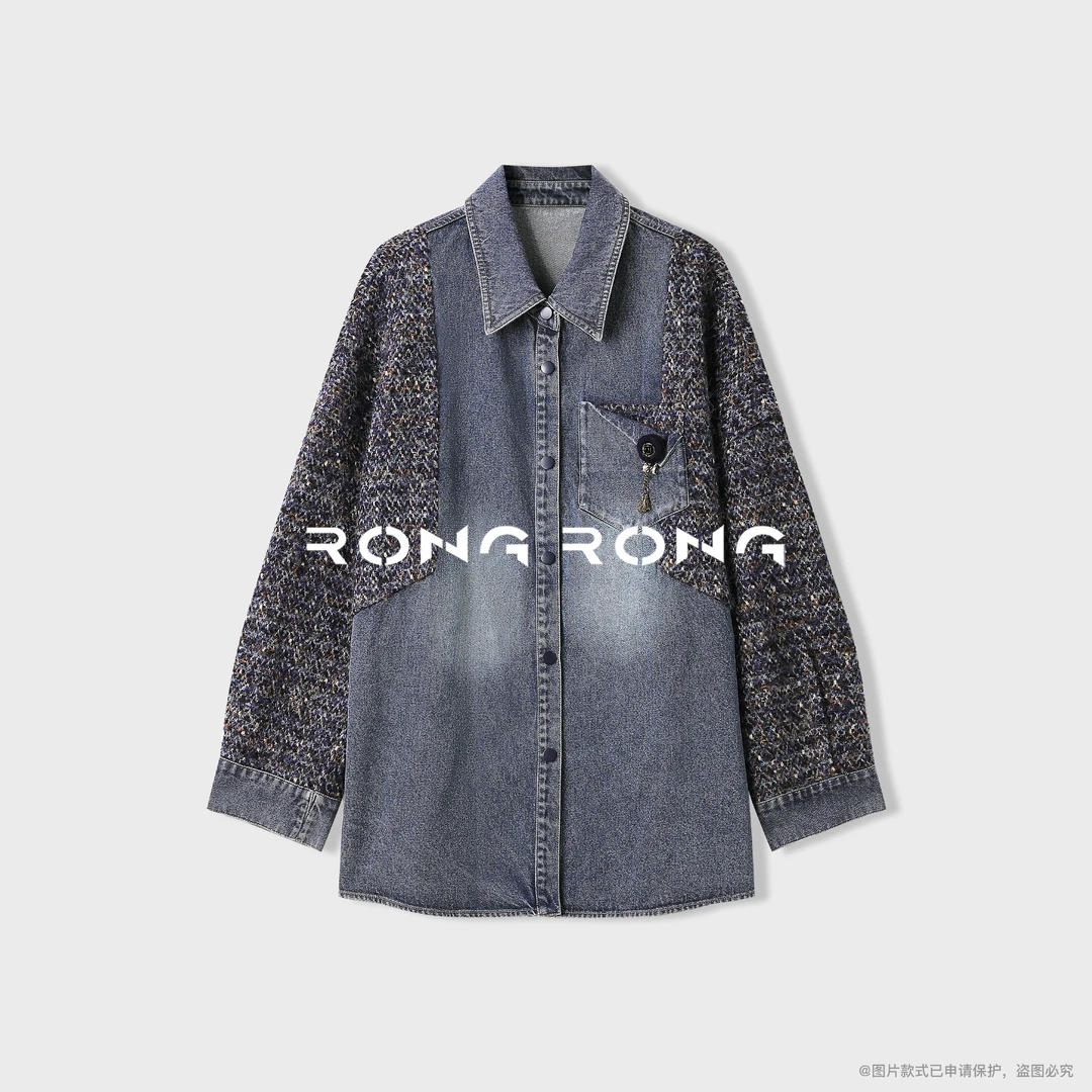 溶溶【甜酷暮蓝】RONGRONG 绵羊毛混纺复古风牛仔衬衫外套R25Q503S