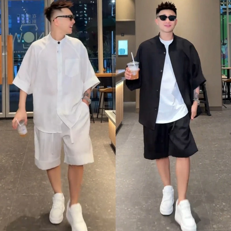 夏季潮牌中袖衬衣外套短裤休闲套装男天丝垂感透气宽松时尚两件套