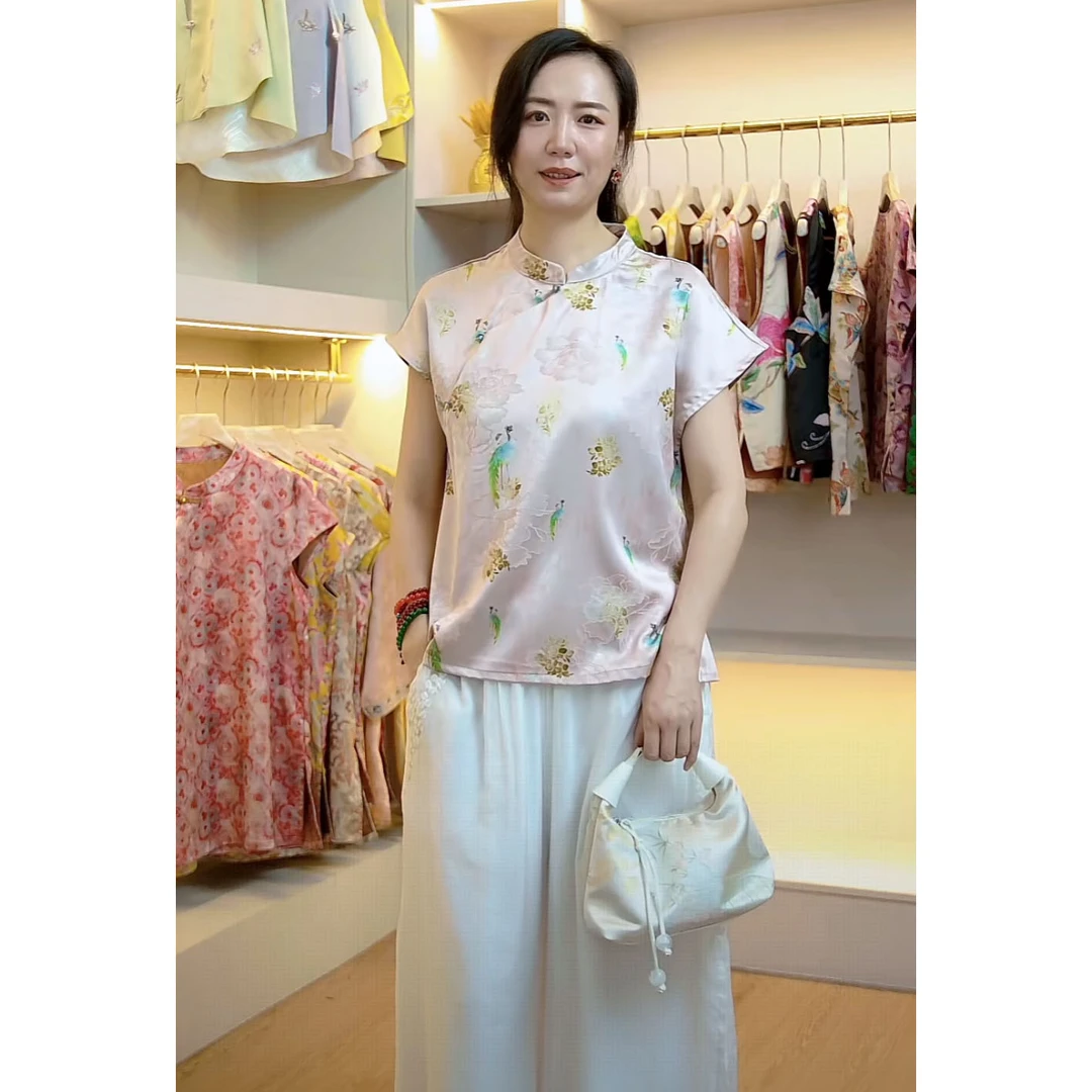 新中式国风上衣短袖女夏季短袖T恤减龄显瘦气质百搭小衫提花衬衫