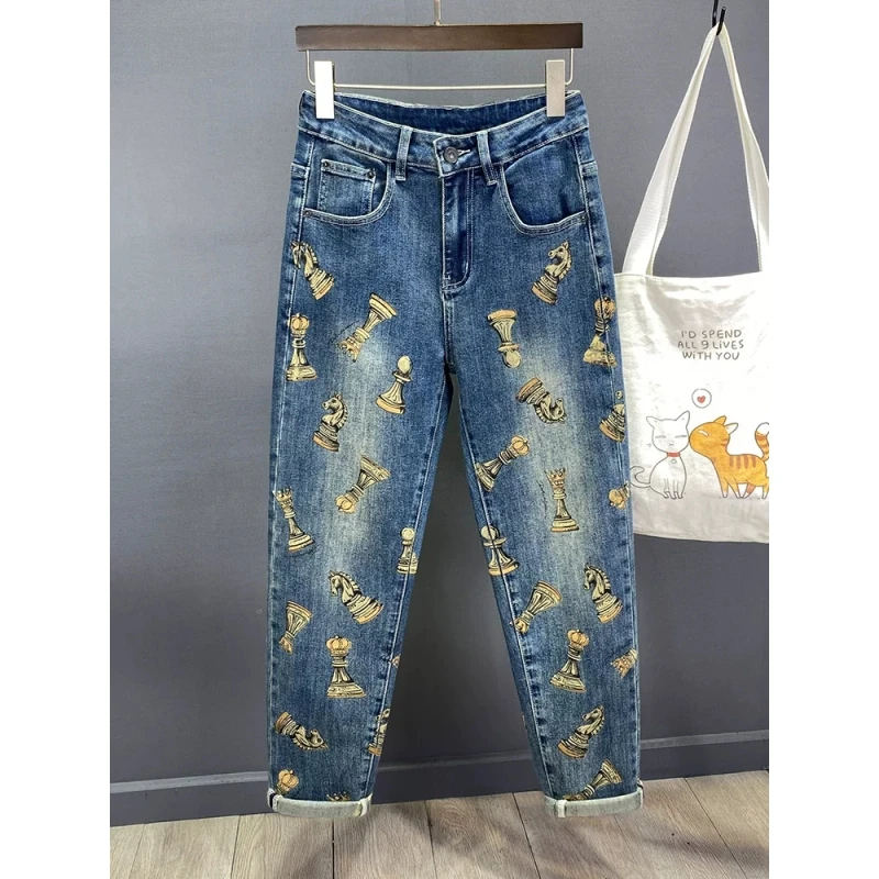 高端个性印花锥形牛仔裤男宽松小脚2025秋季新款柔软弹力百搭长裤