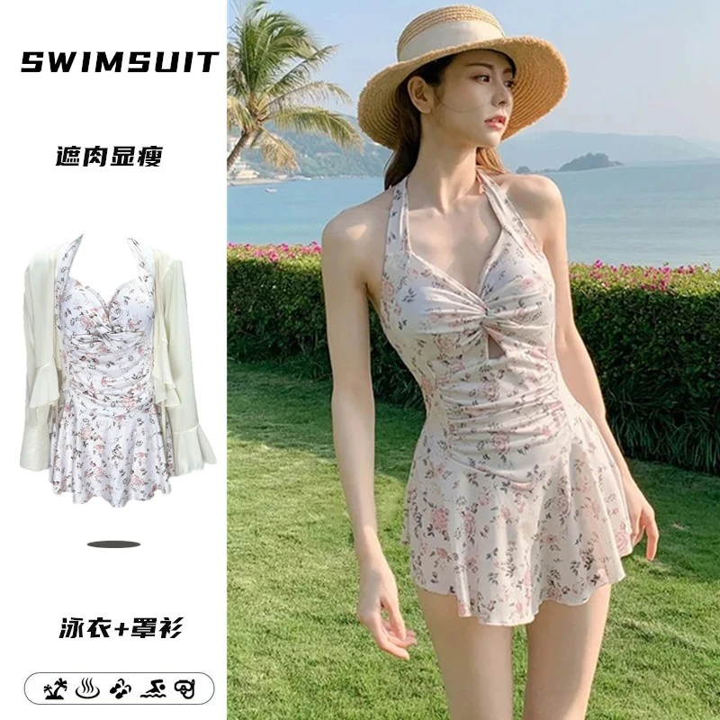 2025新款游泳衣女裙式连体显瘦韩版纯欲风碎花高级感小胸聚拢
