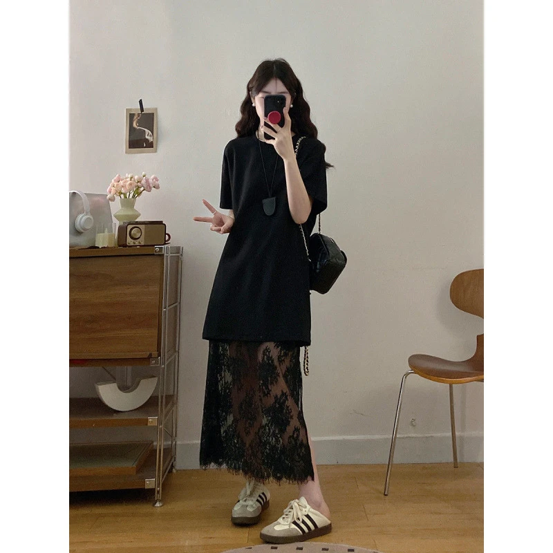 大码女2025超火夏装一整套独特超好看上衣T恤蕾丝半身裙两件套装