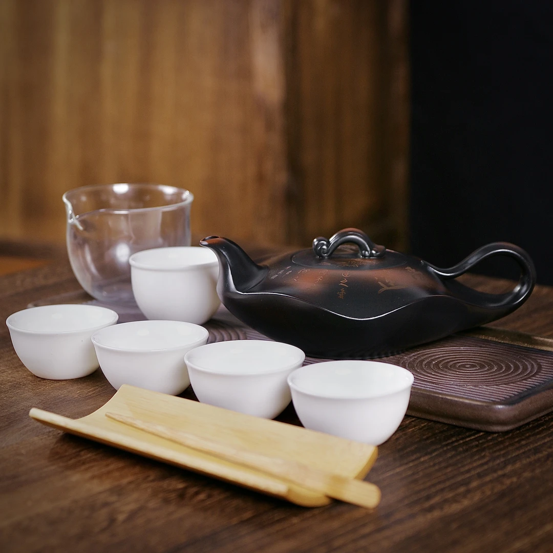 紫砂壶紫陶爱莲凤鸣壶纯手工刻绘中式大容量泡茶壶轻奢茶具套装02