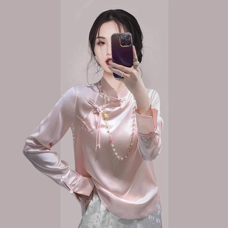 法芬图2025春季新款粉色新中式国风盘扣醋酸缎面长袖衬衫女小衫唐
