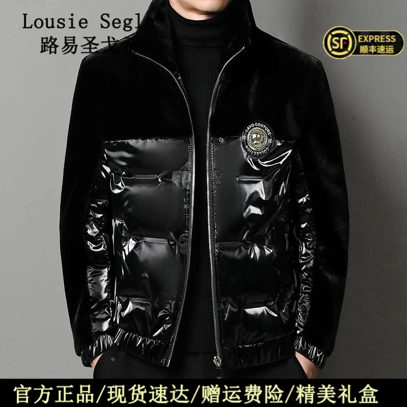 路易圣戈希冬季新款时尚立领拼接仿貂绒羽绒服亮面潮流夹克外套
