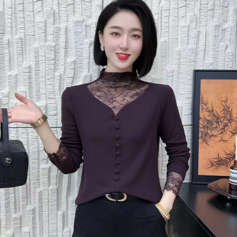 【歌莱图】2025年早秋新款蕾丝拼接半高领修身显瘦长袖上衣#9019