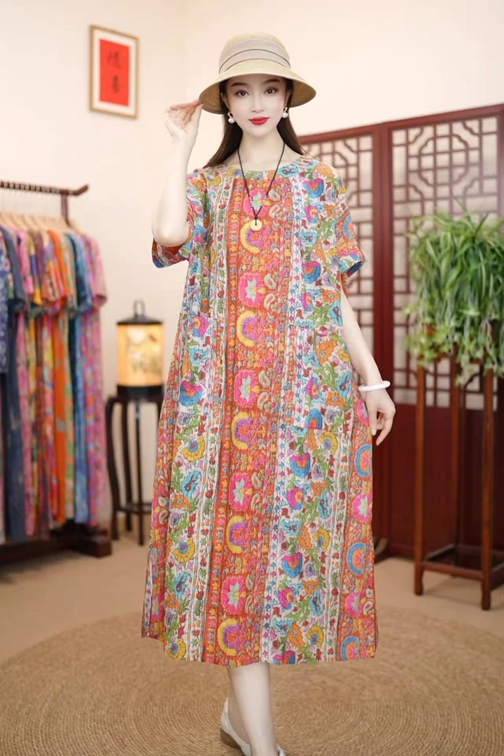[波西米亚]夏季新款高级气质棉麻柔软遮肚宽松显瘦连衣裙子妈妈装