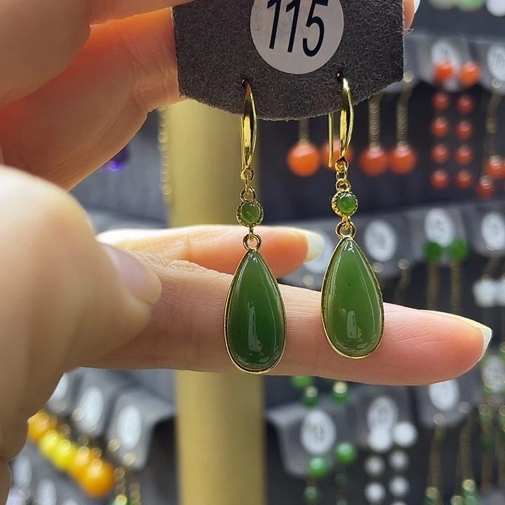 和田玉银S925镀金镶嵌耳饰