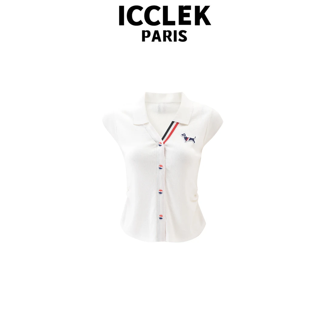 ICCLEK 白色翻领无袖针织衫夏季休闲百搭学院风气质修身上衣-5535