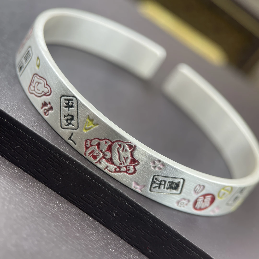 足银手镯 101号足银999.9哑光古法珐琅彩吉言宽面银手镯约28克