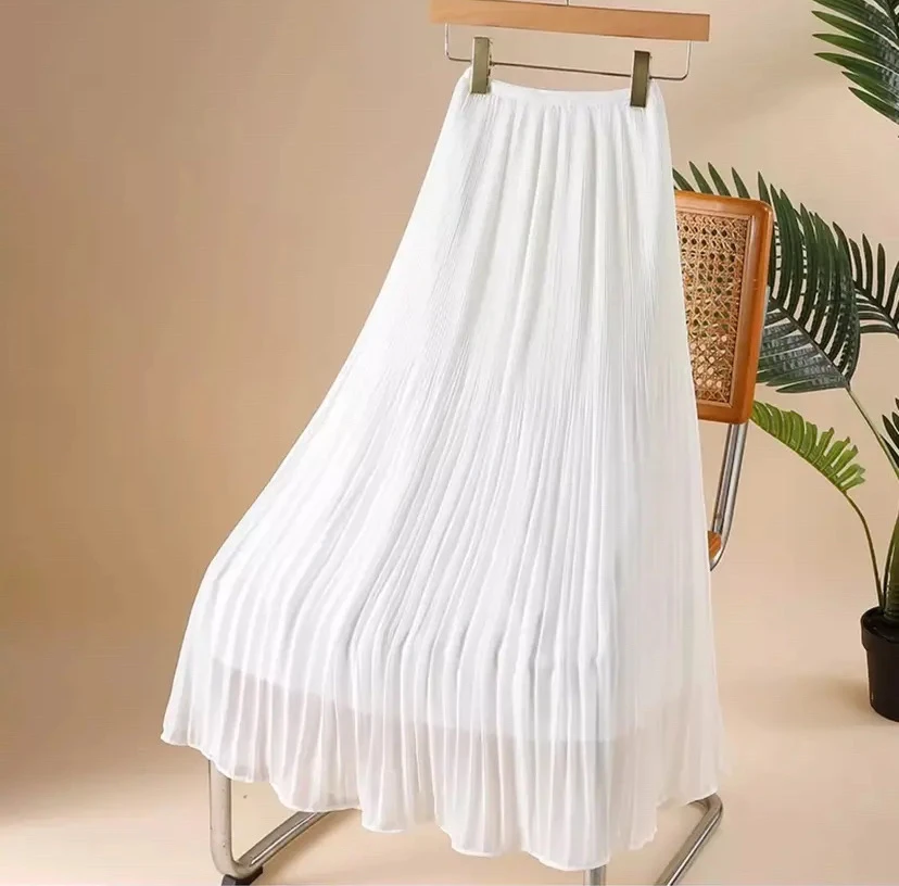 细褶薄款中长裙珍珠雪纺显瘦半身裙夏季大摆裙百搭显瘦