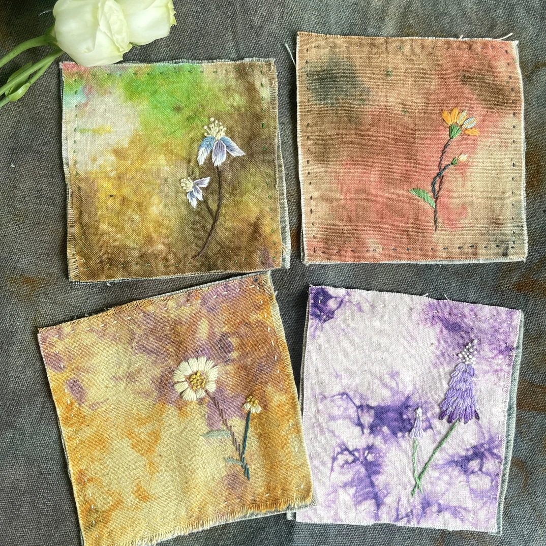 手工刺绣小花杯垫壶垫茶道轻奢侘寂随形植物染手织老土布10*10cm