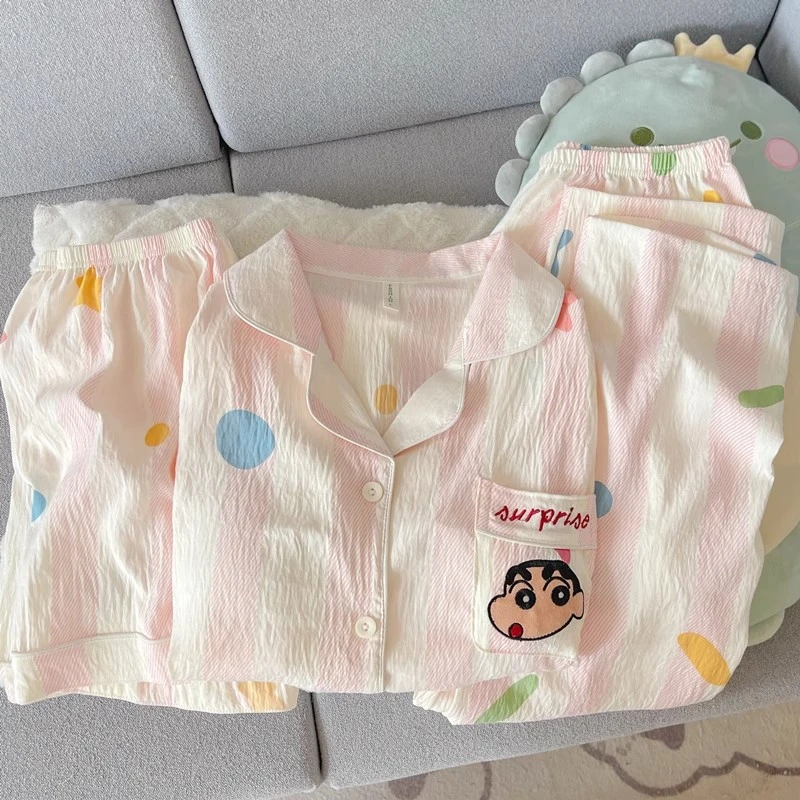 日系可爱彩虹小新睡衣女2025新款短袖短裤长裤三件套休闲风家居服