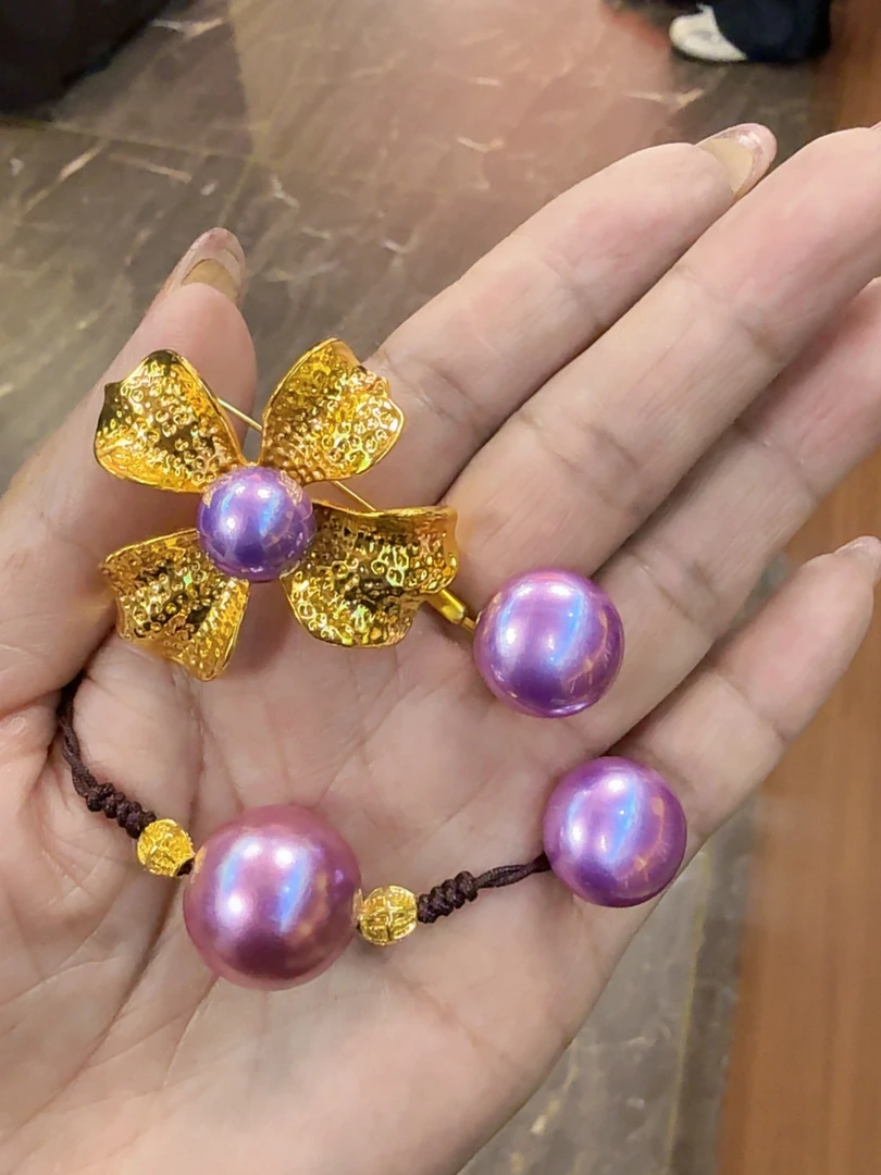 钛钢项链 贝珠耳钉和项链胸针（三件套）