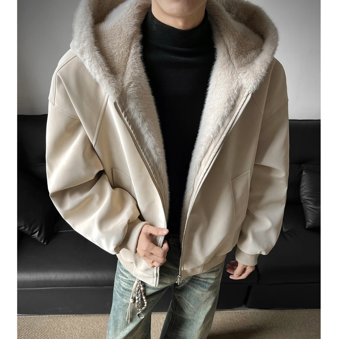 美式复古座山雕pu皮衣外套男女冬季加绒加厚毛领连帽短款棉衣夹克