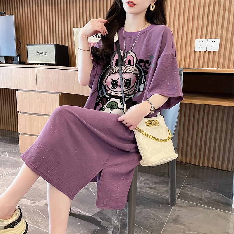 满天星短袖T恤裙女2025夏季爆韩版款宽松时尚减龄休闲卡通连衣裙